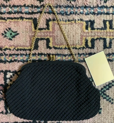 Vtg 50s 60s Black Cotton Gold Chain Matching Mirror Diamanté London Mod Handbag - Image 1 of 4