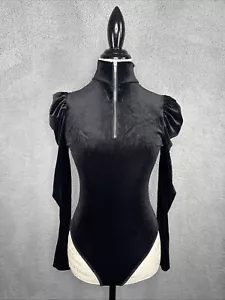 Nuevo Body Mujer Terciopelo Negro Manga Larga Abullonada Cuello Tortuga 1/4 Cremallera - Imagen 1 de 15