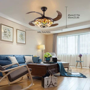 Ceiling Fan Light Stained Glass Shade LED Retractable Lamp Chandelier - Picture 1 of 16
