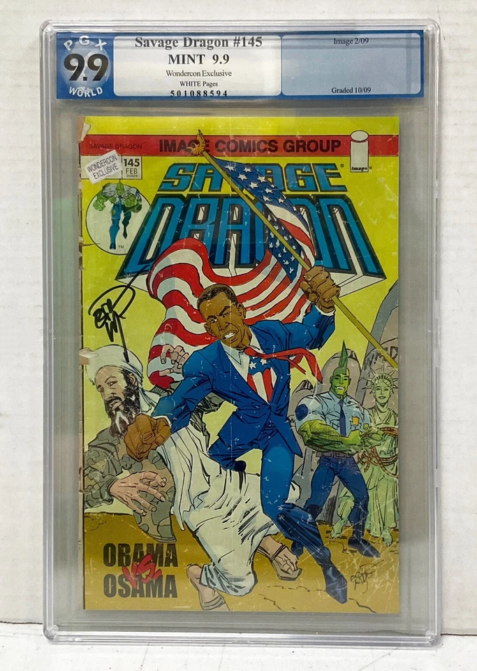 Savage Dragon #145 Wondercon Exclusive Var - Obama v Osama Signed PGX 9.9 Graded - Image 1 of 4