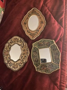 set 3 Mini Wall Mirror Reverse hand Painted Glass Frame Gold Trim Peru Latinex - Picture 1 of 6