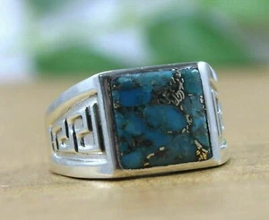 Solid 925 Sterling Silver Natural Copper Turquoise Gemstone Signet Men's Ring - Picture 1 of 12