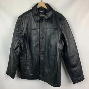 Perry Ellis Jacket Black Lambskin Leather Collared Buttons Pockets Quilt Lined L - Picture 1 of 14