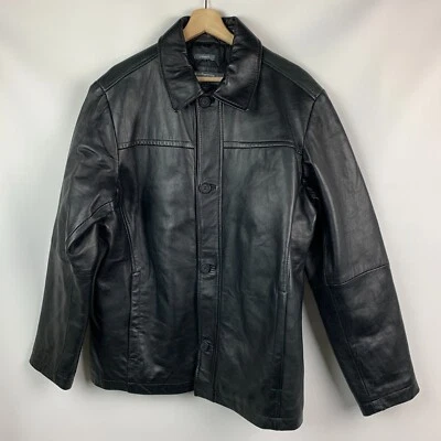 Perry Ellis Jacket Black Lambskin Leather Collared Buttons Pockets Quilt Lined L - Image 1 of 4