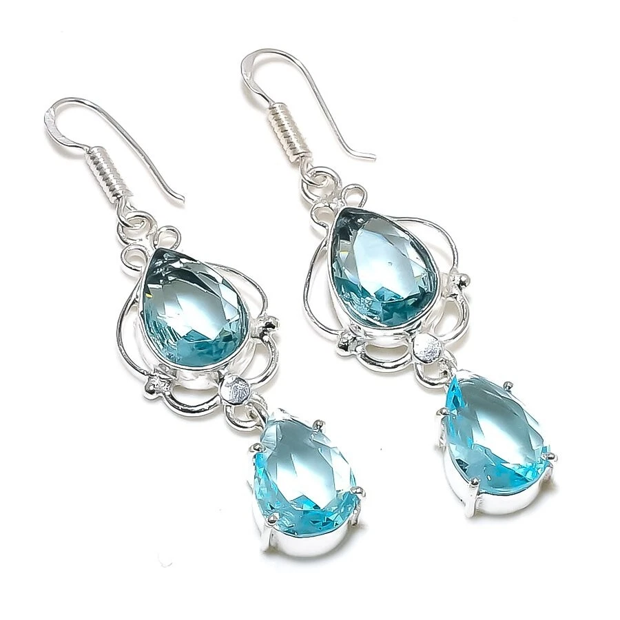 Aqua Aquamarine Gemstone Handmade 925 Sterling Silver Jewelry Earring Size 2.10" - Image 1 of 1