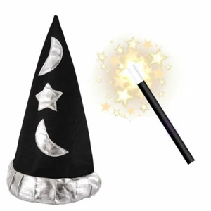 KIDS MOON WITCH WIZARD HAT STARS & WAND KIT BLACK SILVER MAGIC SHOW FANCY DRESS - Picture 1 of 4