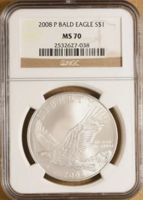 :2008-P $1 BALD EAGLE COMMEMORATIVE SILVER DOLLAR PERFECT BU NGC MS70 TOP POP - Image 1 of 2