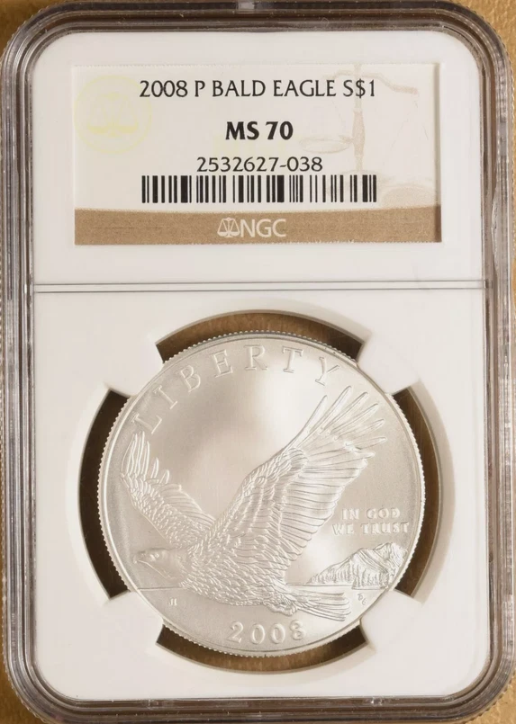 :2008-P $1 BALD EAGLE COMMEMORATIVE SILVER DOLLAR PERFECT BU NGC MS70 TOP POP - Image 1 of 2