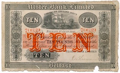 Billete de 10 libras de Irlanda del Norte (ULSTER BANK LIMITED) 1940 EN MUY BUEN ESTADO Foto 1 de 4