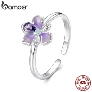 Bamoer 925 Sterling Silver Romantic Iris Flower CZ Open Ring Women Gifts Jewelry - Picture 1 of 18