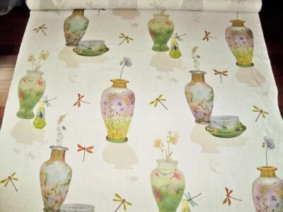 KRAVET COUTURE DAMSELFLY DRAGONFLIES VASES TOIL LINEN FABRIC 10 YARDS MULTI - Image 1 of 4