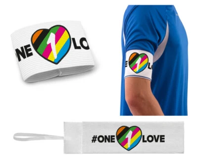 #ONE LOVE Kapitänsbinde mit Klett (Junior/Senior) Weiß Aufdruck Regenbogen Binde