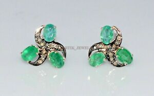 Natural Emerald & Diamond with 925 Sterling Silver Cufflink #2145
