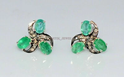 Natürlicher Smaragd & Diamant Mit 925 Sterlingsilber Manschettenknopf #2145 - Bild 1 von 3