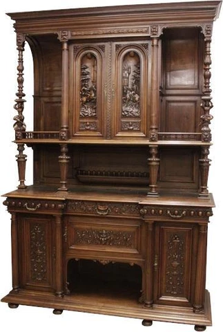 Buffet Sideboard Antique Renaissance Carved Horse Rider Castle Figurines Walnut Cover