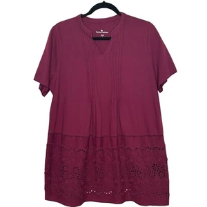 Woman Within Magenta Short Sleeve Tee W/Pintuck Pleats & Eyelet Lace - Picture 1 of 12