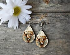 Buffalo Dream Catcher Earrings Handmade Wood Tear Drop Dangle Printed Jewelry