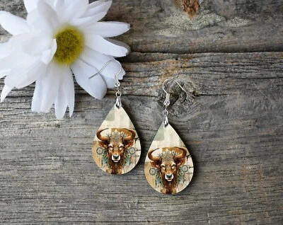 Buffalo Dream Catcher Earrings Handmade Wood Tear Drop Dangle Printed Jewelry - Image 1 of 4