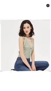 New Topshop Women Size 12 Sage Green Lace Bodysuit Sexy - Picture 1 of 9