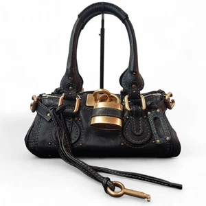 Chloe Mini Paddington Handbag Black Leather Padlock Key Authentic Rare - Foto 1 di 7
