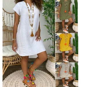 Womens Summer Casual Solid Color V Neck Short Sleeve Dresses Boho Beach Sundress - Picture 1 of 12