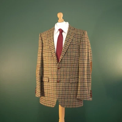 Barbour Blazer Men's 38 Brown Checkered 100% Wool Elbow Patch Notch Lapel Jacket - Image 1 of 4