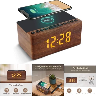 Reloj despertador LED digital de madera radio FM estación de carga inalámbrica rápida 5 niveles Foto 1 de 4