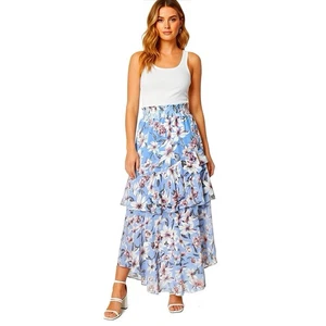 Falda Shein Mujer Talla Pequeña Volantes Floral Azul Larga Maxi Playa Vacaciones Viaje - Imagen 1 de 12