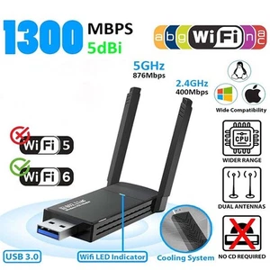 USB 3.0 Wireless WIFI Adapter Long Range Dongle Dual Band 1300Mbps 5Ghz Network - Afbeelding 1 van 22