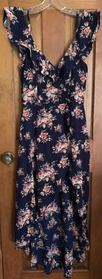 IZ Byer Hi Lo Hem Open Front Sundress w/ Shorts Size 5 Small Blue Floral Ruffles - Image 1 of 4