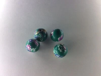 4 x 10mm green/multi handmade polymer clay fimo beads hole 2mm. - Image 1 of 4