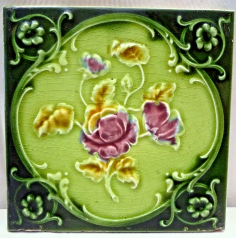 Antique Tile Majolica Art Nouveau England Rose Purple Architecture Floral #174 Cover