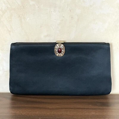 Винтажная черная шелковая вечерняя сумка клатч сумочка с застежкой с драгоценными камнями - Изображение 1 из 4
