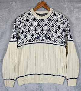 Vintage 80er 90er JANTZEN cremefarben marineblau Fair Isle Grobstrickpullover Zopfmuster Herren Large - Bild 1 von 5