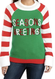 Damen Ugly Christmas Pullover Seasons Greetings Wasserfallausschnitt Rot Grün Gr. S Neu mit Etikett - Bild 1 von 3
