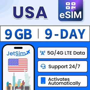 USA eSIM - 9GB High-Speed, 9 Day T-Mobile and Verizon JetSim/Travel SIM - Picture 1 of 6