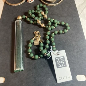 Zenzii 32” Green Gold Tone Beaded Tassel Necklace NWT Long B143 - Picture 1 of 4