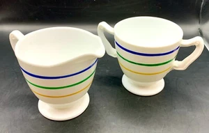 Crema Vitrock con rayas de vidrio de leche blanca Anchor Hocking y azucarero abierto - Imagen 1 de 6