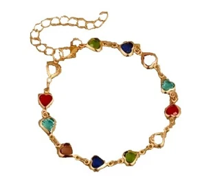 Vintage Inspired Bracelet Heart MULTI COLORED CRYSTAL GOLD TONE Valentines - Picture 1 of 4