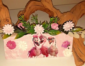 Little Flamingo Trio with flowers wood block shelf  sitter_tropical bird decor - Picture 1 of 8