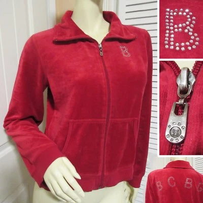 Chaqueta deportiva vintage Y2K BCBG MaxAzria roja estrás cremallera completa terciopelo ropa de calle Foto 1 de 4