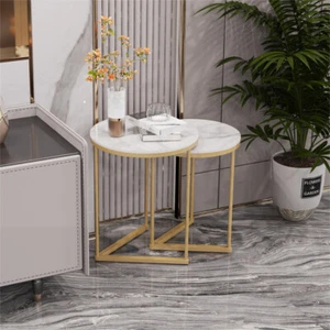 Beistelltisch 2er Set Couchtisch Marmor Wohnzimmertisch Weiß / Gold Ø 40-50cm - Bild 1 von 10