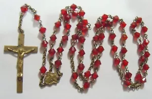 Antiker Katholischer Rosenkranz Rot Blut Faux Rubin Kristall Perlen Gold Kruzifix 53875 - Bild 1 von 5