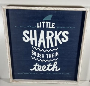 Pottery Barn Kids "Little Sharks Brush Their Teeth” Wood Bathroom Sign 18X18 - Picture 1 of 6