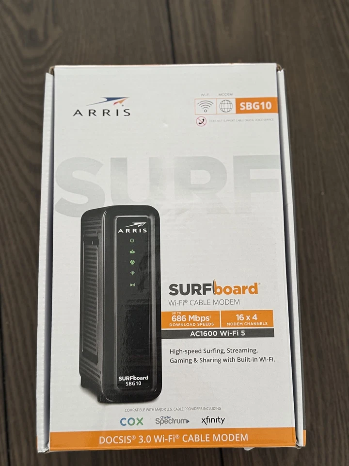 Cable módem ARRIS SURFboard SBG10 DOCSIS 3.0 16 x 4 Gigabit y AC1600 Wi-Fi Foto 1 de 4
