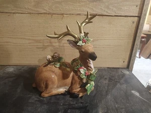 Opulence Decor Sitting Reindeer Gold Antlers Adorned with Holly and Pinecones - Picture 1 of 10