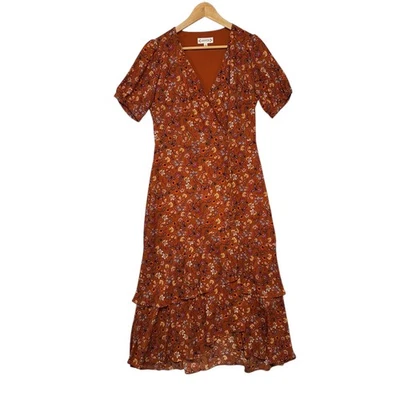 Nanette Lepore Rust Floral Print Bohemian Feminine Front Slit Midi Dress Size 6 - Image 1 of 4