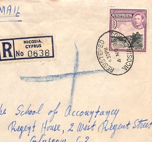 CYPRUS Air Mail Cover KGVI 9pi SINGLE FRANKING Nicosia Reg'd 1951 Glasgow XH162 - Picture 1 of 10