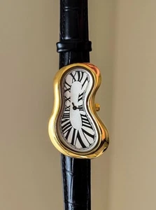 Gold Exaequo Inspired Softwatch W/ Black Leather Band Salvador Dali Style Watch - Picture 1 of 8