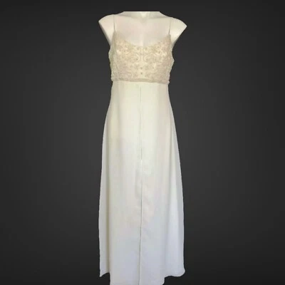 Faviana Wedding Gown Pearl Bodice Satin Skirt Spaghetti Straps Zips 12 - Image 1 of 4